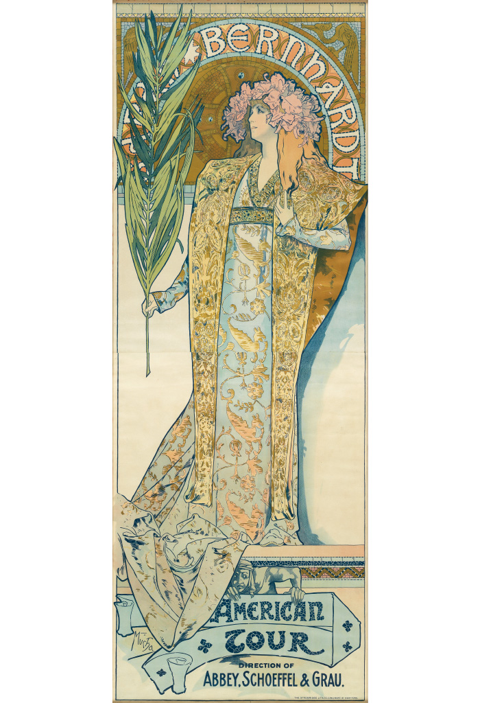 ALPHONSE MUCHA (1860-1939). SARAH BERNHARDT / AMERICAN TOUR. 1896. 75x27 inches, 191x70 cm. The Strobridge Lith, Co., Cincinnati.